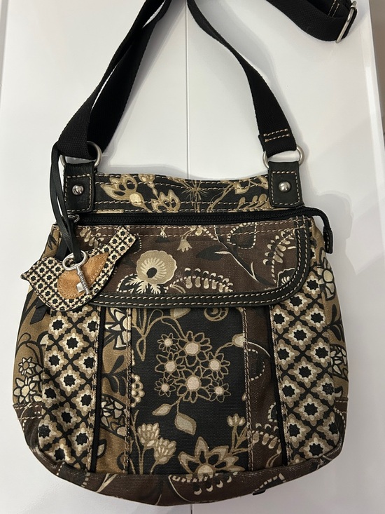 Fossil Handbags - Fossil Women’s Canvas Crossbody Bag Brown Black Floral Key Charm Adjust Strap